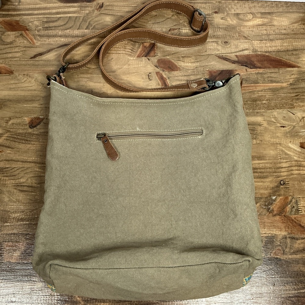 Myra Canvas Leather Woven Crossbody Bag Boho Western Fringe Adjustable Strap - Picture 9 of 13